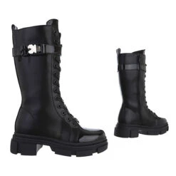 Plateaustiefel Lochschnürung, Blockabsatz, Riemen - Schwarz -Schuh Rabatt Geschäft 29248484 03