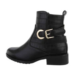 Flache Stiefeletten Reißverschluss, Blockabsatz, Riemen, Used Look - Schwarz